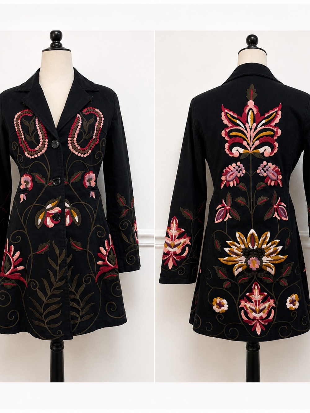 Paparazzi by Biz Embroidered Floral Longline Jacket Small Y2K Boho Art-to-Wear